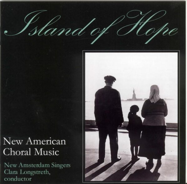 Album cover for Island of Hope featuring three people standing looking at the statue of liberty 