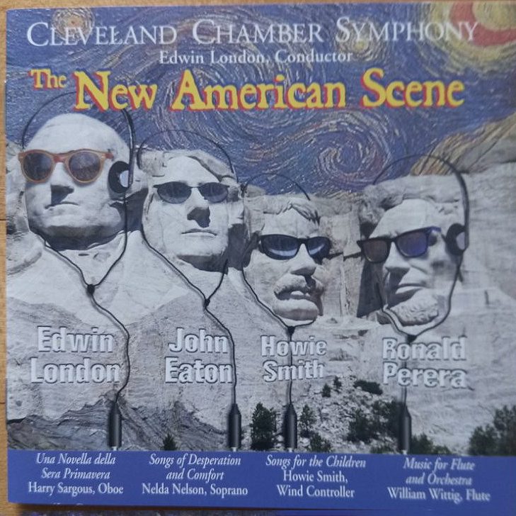 Album cover of the New American Scene featuring an image of Mount Rushmore with headphones and sunglasses on each president